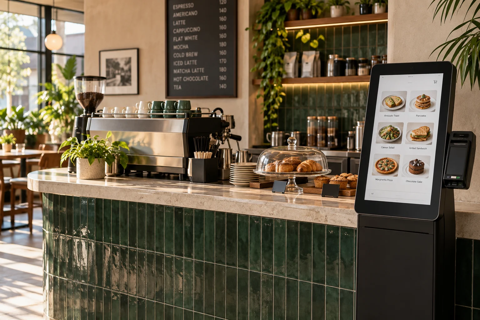 Self-order kiosk on a green-tiled café counter